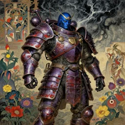 composition of gothic and futuristic, warhammer, cyber japan samurai armor, more and more scars, storm, blue head, purple, red, yellow, many mech flowers, the middle ages, highly detailed, artstation, in the style of moebius, jugendstil and classic japanese print, art by jean delville and rene magritte