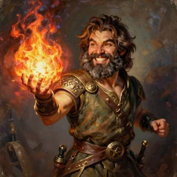 cassidy, jesse custer, beautiful portrait painting of a very short and small male halfing bard with brown hair with some grey hairs, full beard, ridiculous smile, from pathfinder, evil smirk, narcissist, self centered, casting fireball, painted by larry elmore, wayne reynolds, greg rutkowski, magic the gathering, dungeons and dragons, dishonored 2