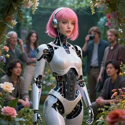 perfect android girl, rose hair, cyborg, flowers, cinematic lighting, garden, beautiful girl, advanced technology, futuristic, art by ilya kuvshinov and akiko takase and eugene gottsnake and stanislav istratov and su fu and antoine collignon