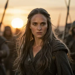 epic photo of natalie portman as gandalf the grey lord of the rings with long straight black hair blowing in the wind in a battle scene fighting desperately, sweaty, detailed eyes, neutral expression, shallow depth of field, photorealistic, cinematic lighting, lovely bokeh, warm colours, sunset south, strong rim light, movie quality, lord of the rings 1 9 8 5, movie still