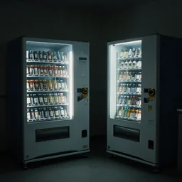 noisy color photograph of a vending machine room, laboratory, dark corners, minimalist, cinematic, soft vintage glow