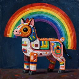 an extremely high quality hd surrealism painting of a rainbow Huichol beaded animal figurine by a much more skilled version of kandinskypicasso and salvia dali the fourth, 8k, clear shapes, defined edges, ultra realistic, super realistic,