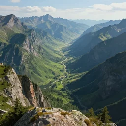 epic view from a mountaintop, monumental mountains, green valleys with trees, digital painting, realistic render, 4k, 8k, photography, unreal engine, wallpaper, cinematic