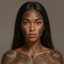 A bust of a beautiful dark skinned Maori girl with tribal Maori tattoos and smooth eyebrows and straight hair, HD, illustration, epic, fantasy, intricate, elegant, amazing detail, digital painting, artstation, concept art, smooth, sharp focus, illustration, art by Turine Tran