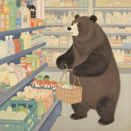 ukiyo - e painting of a bear shopping for groceries