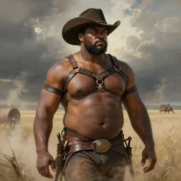 a beautiful dramatic epic painting of a thicc beefy shirtless !handsome! black man | he is wearing a leather harness and cowboy hat | prairie setting, dust clouds | homoerotic, highly detailed, dramatic lighting | by Mark Maggiori, by William Herbert Dunton, by Charles Marion Russell | trending on artstation