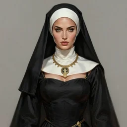 portrait of megan fox as a nun, in tight black robe, muscular upper body, collar, greek, jewelry, black dress, fantasy, intricate, elegant, highly detailed, digital painting, artstation, concept art, matte, sharp focus, illustration, art by aenaluck and roberto ferri and greg rutkowski, epic fantasy, digital painting