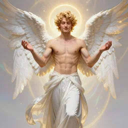 fullbody portrait of a beautiful young fit male angel with curly blond hairs, soft smile, closed eyes, open blessing palms, dressed in long fluent skirt, majestic symmetrical eagle wings, luminous halo, by greg rutkowski and alphonse mucha, gradient white to gold, in front of an iridescent background, highly detailed portrait, digital painting, smooth contourns, focus illustration