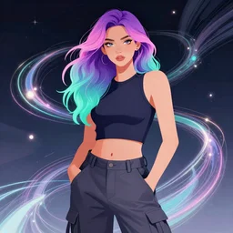 a award winning half body portrait of a beautiful woman in a croptop and cargo pants with ombre purple pink teal hairstyle and hands in pockets by ari liloan, surrounded by whirling illuminated lines, outrun, vaporware, shaded flat illustration, digital art, trending on artstation, highly detailed, fine detail, intricate