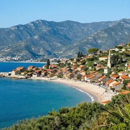 the landscape of a beautiful coastal village with mountains in the background, in summer, award-winning photography