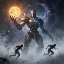 intricate concept art of a giant cosmic celestial cyborg, holding a sun, nebula, darksynth, outrun, ominous, ethereal, misty, volumetric fog, beautiful specular illumination, smooth, dynamic, artstation, epic scifi, by federico pelat, marc simonetti, stephan martiniere, 8 k