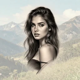 tattoo design sketch of a beautiful girl on a faded background of beautiful mountain scenery, hyper realistic