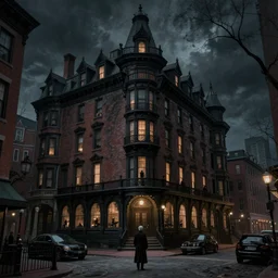 haunted gothic hotel, 1920s boston overlooking a dark street, lovecraft, paul carrick, photorealistic, dark,  atmospheric lighting, painted, intricate, ultra detailed by Leesha Hannigan, Thierry Doizon, Kai Carpenter, well composed, best on artstation, cgsociety, epic, stunning, gorgeous, intricate detail, wow, masterpiece