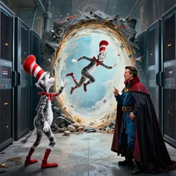 the third first image on the scattered absurdity server, dr seuss, and dr strange, looking at an open portal hopping and time warping with reckless abandon, dramatic atmosphere, photo realistic, hyperrealism, by Greg rutkowski, Jacek Yerka, Dan Mumford