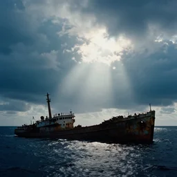 thick clouds, god rays, moody, colorized,!!! sunk, ocean floor, shipwreck, dramatic light, ultrafine, hyperrealistic, 3 2 k, 3 5 mm film still, movie