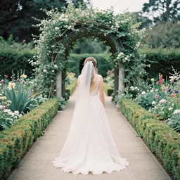 analog photograph of beautiful bride from the back wearing a long flowing wedding dress in stunning garden on a stone pathway with an archway at midday by mark owen. rule of thirds. pastel colours. hessian. bokeh. cinematic. hq. detailed. contrast. cinestill 8 0 0 t