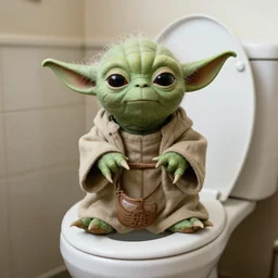 photo of yoda sitting on the toilet