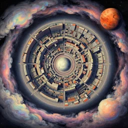 post - minimalism comic cubism portrait of concentric city, top down extraterrestial view, jupiter moon mars, iridescent clouds, vibrant color scheme, highly detailed, in the style of romanticism, cinematic, artstation, moebius, greg rutkowski
