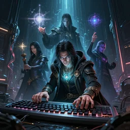 sci fi cyberpunk fantasy art prompt magicians casting spells with keyboard, by greg rutkowski ultrahd dark volumetric lighting
