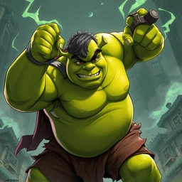 shrek, fighting hulk, trending on artstation, anime style