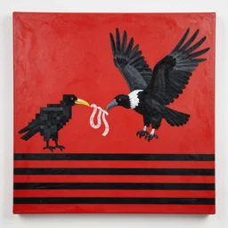 canvas coated with red paint, black stripes, bird flying out of water, vulture, carrying intestines in beak, pixel sort, matte paint, alberto seveso