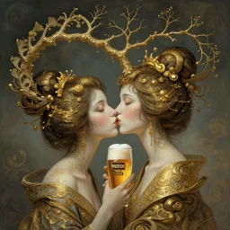 kiss madison beer with a branches growing from her head, alterd carbon, geisha, dreamy ethereal vibe,, atmospheric, detailed intricate render, fibbonacci, detailed illustration, hd, 4 k, digital art, overdetailed art, gold, surrealistic, by greg rutkowski, by loish, trending on artstation, deviantart