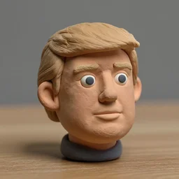 extremely realistic!!! smooth specular clay! extremely close smooth specular sculpted headshot of donald trump clay puppet , soft light dull mood, low saturation, on wooden table. style: claymation puppet kids clay , by guldies