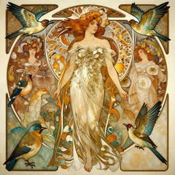a beautiful intricate beatutifull woman with birds, 4 k, ultra - wide angle, elagant, highly detailed, photorealistic, octane render, 8 k, unreal engine, by william turner, by alphonse mucha, by miho hirano, by moebius, hd, trending on artstation, hyper detailed, intense colors