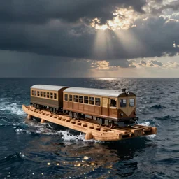 a train on a homemade wooden raft in the ocean