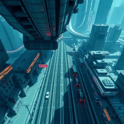 small traffic road, under large traffic road, futuristic transportation, cyberpunk, extremely detailed, top view, digital illustration, by artstation, artfol, artslant artbox, cgsociety, gfxartist, sakimichan, mcbess, aphonse mucha