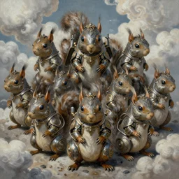 ultra realist soft painting of an underground army of biomecha metallic ornate squirrels, symmetry accurate features, very intricate details, volumetric clouds, kawai world