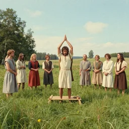 A vintage scientific illustration from the 1970s of a Swedish cult performing a human sacrifice to the gods during the midsummer festival in Sweden in the summer on the meadows by Wes Anderson
