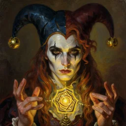 an oil art close up portrait of young roma mage with hex magic in style of disco elysium character, gipsy jester character design from ravenloft, art by anders zorn, wonderful masterpiece by greg rutkowski, beautiful cinematic light, american romanticism by greg manchess, jessica rossier