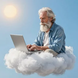 realistic photo of a bearded old man sitting in a cloud using a computer 3 5 mm hdr sunny
