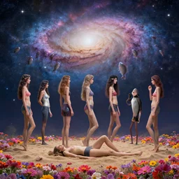 women birds and men in fish mixed with the evolution of life, flower ground with sand skinny dip, sky with a view of the galaxy style realism