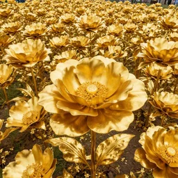 field of giant golden metal flowers