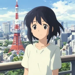 anime visual of a black haired boyish girl wearing shirts on top of tower sightseeing bright tokyo cityscape by makoto shinkai, cute face by yoh yoshinari, katsura masakazu, detailed
