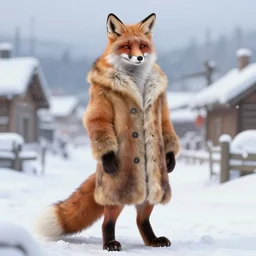 an anthropomorphic fox man wearing a long fur coat in a snowy village, his long tail dragging behind him, character illustration by greg rutkowski, thomas kinkade, Howard Pyle, El Greco, Cynthia Sheppard