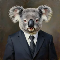 oil painting portrait of a koala bear wearing a suit, formal and serious mood, darker colors