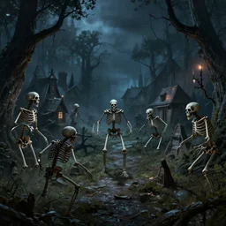dangerous skeletons attacking a village full of trees at night, dnd, dramatic, fantasy art