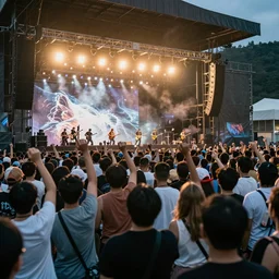 rock concert during tsunami, concert photography, dynamic perspective, moshing crowd, water