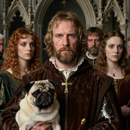 medieval jan van eyck cloeup face portrait of jeff bridges as big lebowski with a pug, nicoletta ceccoli, mark ryden, lostfish, hyung tae, frank frazetta, depth of field, detailed and intricate gothic environment, 8 k resolution, hyperrealistic, octane render