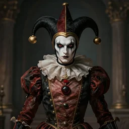 front shot of a court jester character ominous elegant detailed concept artstation sharp focus ray tracing cinematic masterpiece fine portrait, by artgerm and greg rutkowski and tooth wu and beeple