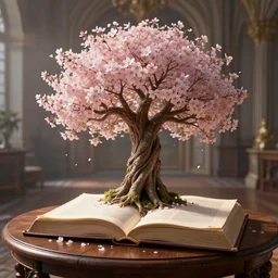 tree of life growing out of a book, on a wooden table, inside a palace, sakura flowers fell on the book, rim light, extremely detailed, masterpiece, artstation, cinematic lighting, photographic, by greg rutkowski and alphonse mucha, wolp, horizon zero dawn