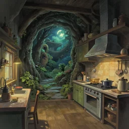 naive nerikomi, weird perspective, cel shading, detailed illustration of a kitchen dim lit in a scenic spiral environment by anton fadeev ghibli, trending artstation