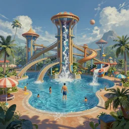 waterpark in the simulated metaverse painting by brain froud, charles vess, cinematic lighting, epic composition, highly detailed