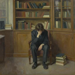oil painting of someone sitting in a big room, sad, surrounded by books.