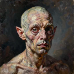 oil painting by christian rex van minnen of a portrait of an extremely bizarre disturbing mutated man with proteus syndrome shiny bulbous intense chiaroscuro lighting perfect composition