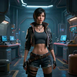 woman with street urban cyberpunk clothing in the interior of a cyberpunk lab, by craig mullins, 3d scene, render, ultra realistic, ray tracing, night time, volumetric light, artstation, cgsociety, level design, unreal engine, 3d scene, zenith view