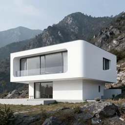 a white futuristic house with modern design on the side of a mountain